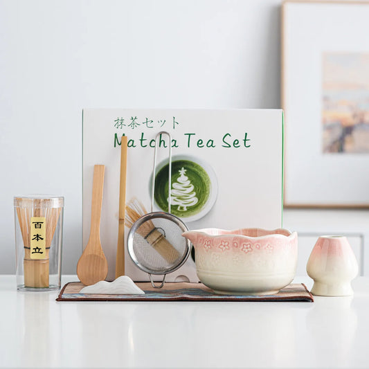 Cherry blossom matcha bowl, ceramic tea bowl, matcha tea set, tea whisk tool set (8 pieces)
