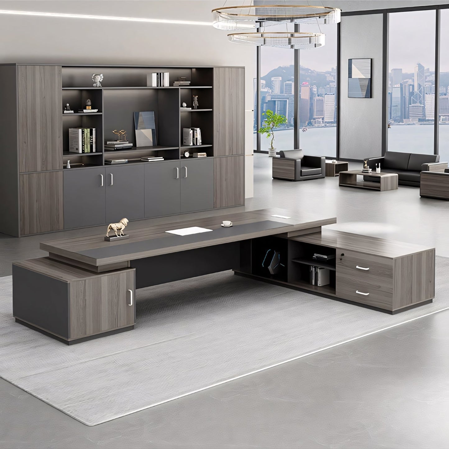 Furnavo Modern Executive Desk – Workstation with Dual Side Cabinets