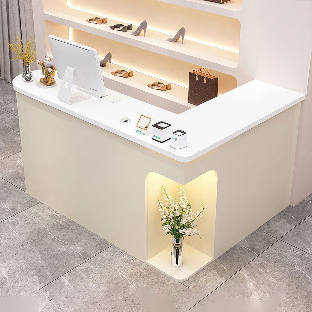 Furnavo L-Shaped Reception Desk – Chic Front Counter with Large Storage for Beauty Salons & Shops