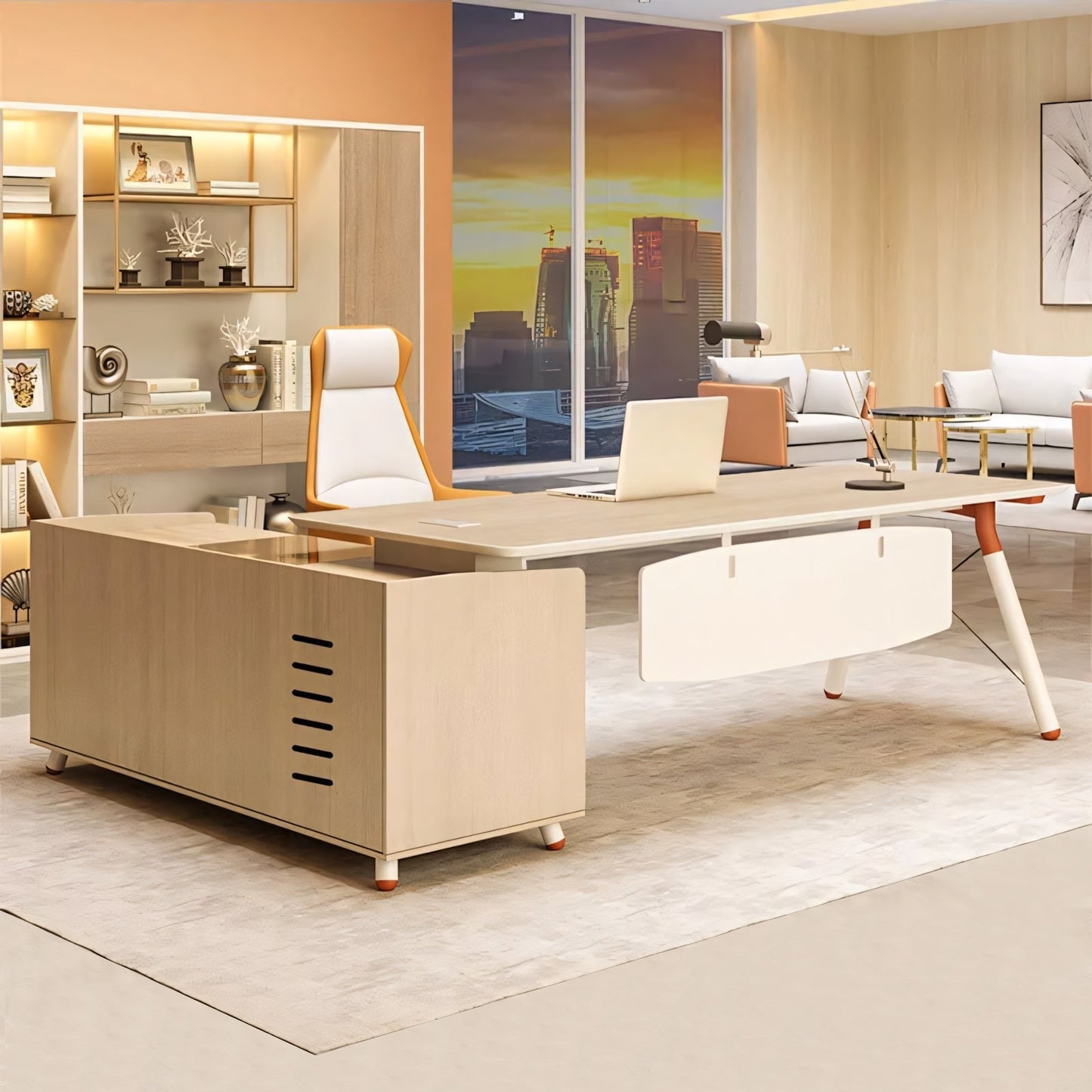 Furnavo Executive Desk – Clean Modern Desk with Skirt Panel & Side Cabinet