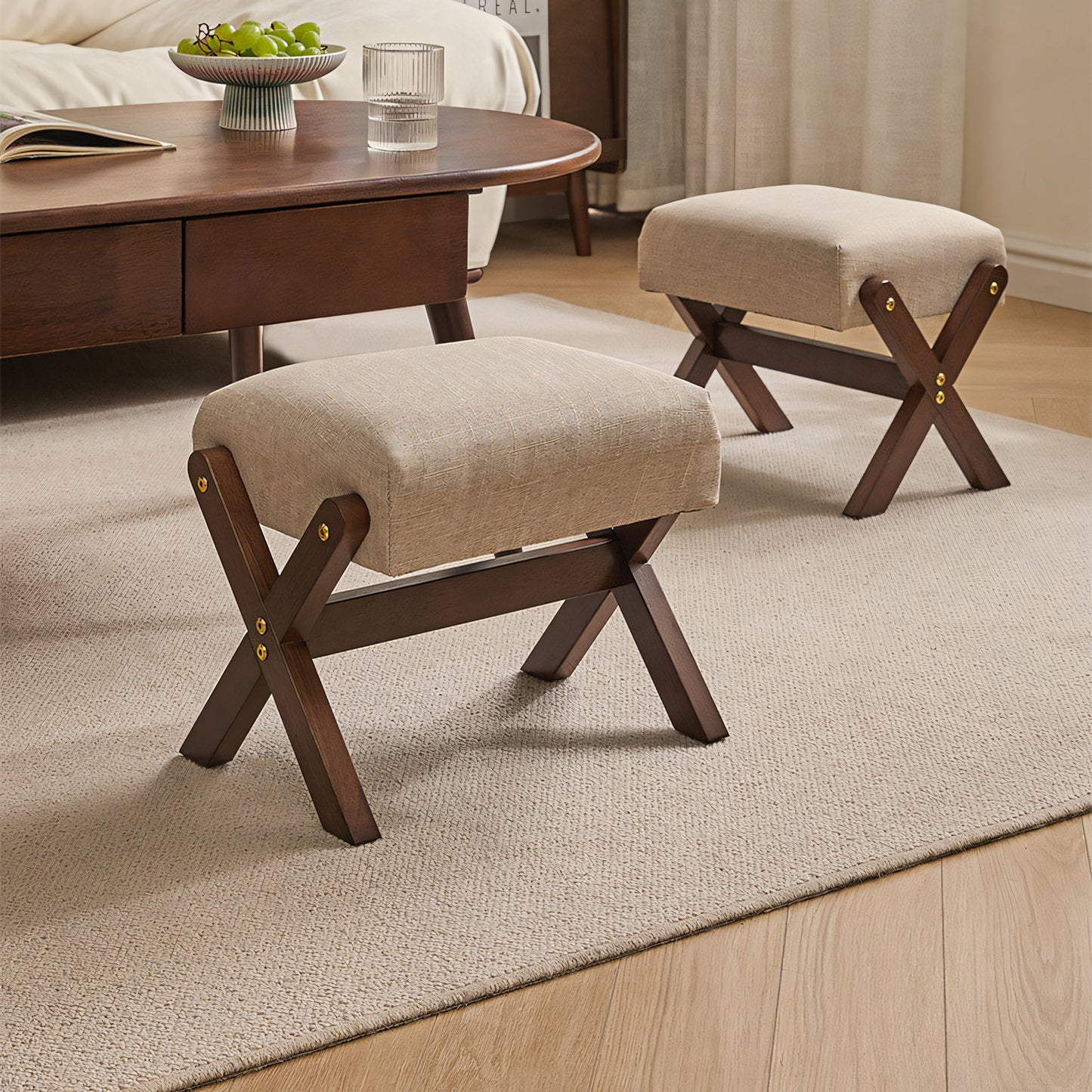 Furnavo Solid Wood Footstool with Cotton-Linen Upholstery
