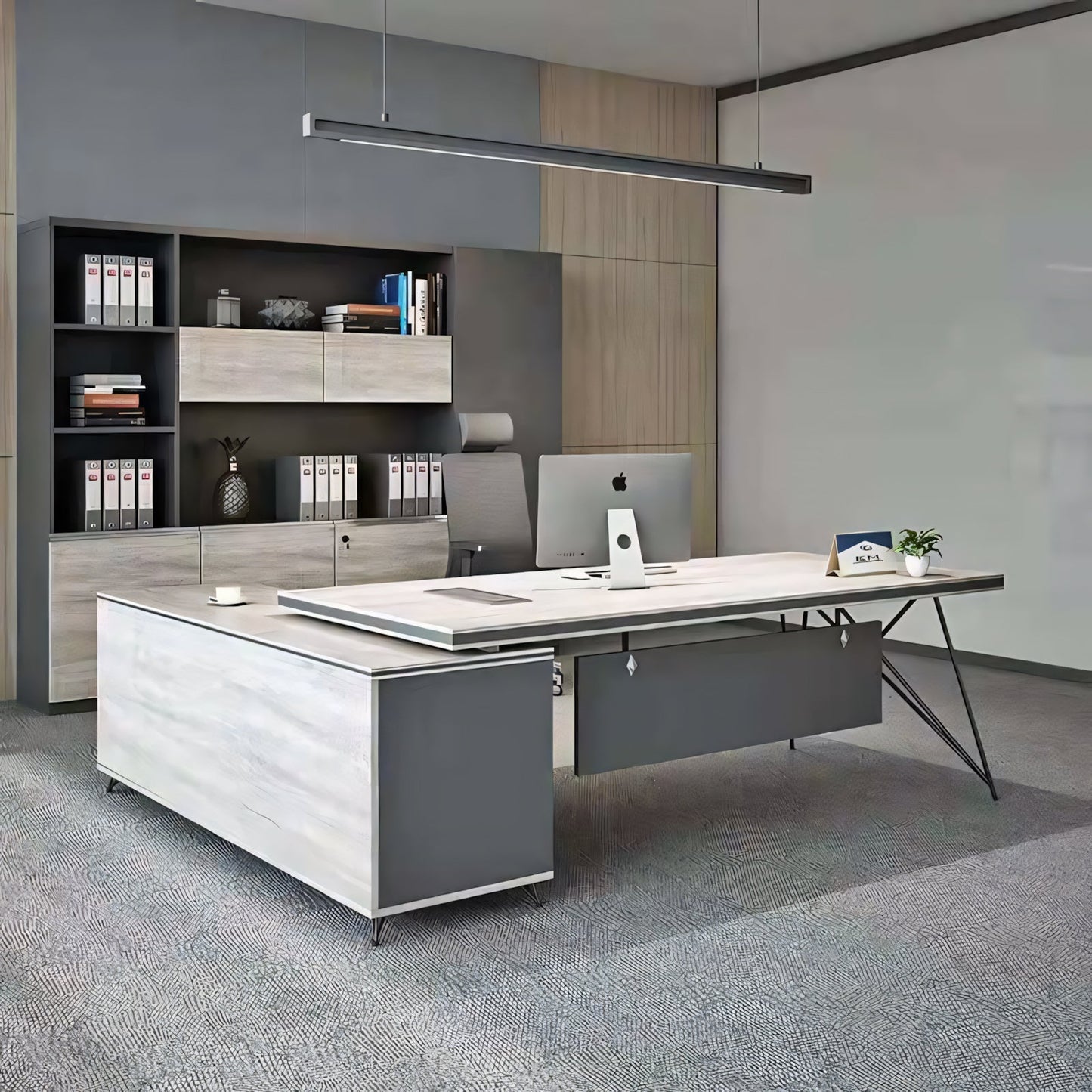 Furnavo Modern Executive Desk – Side Cabinet Desk with Wiring Holes