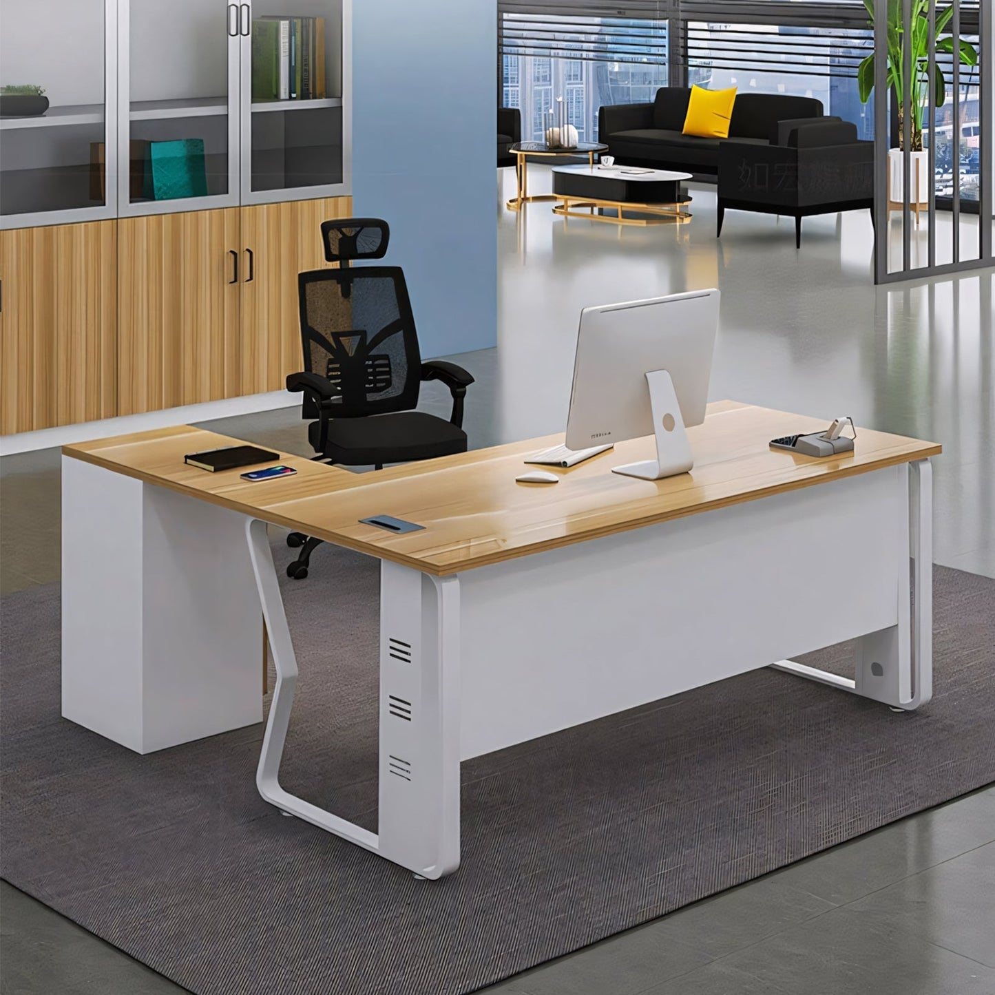Furnavo Minimalist Executive Desk – Office Workstation with Side Cabinet