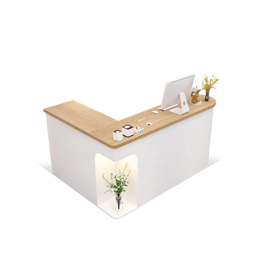 Furnavo L-Shaped Reception Desk – Chic Front Counter with Large Storage for Beauty Salons & Shops