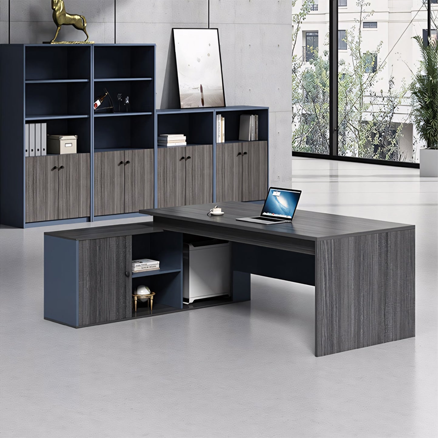 Furnavo Office Executive Desk & Chair Set – Work Desk with Storage Cabinet