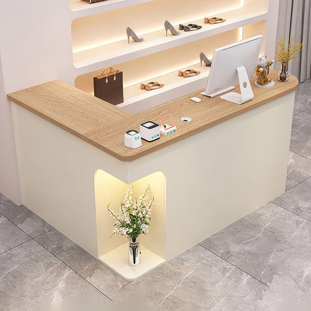 Furnavo L-Shaped Reception Desk – Chic Front Counter with Large Storage for Beauty Salons & Shops