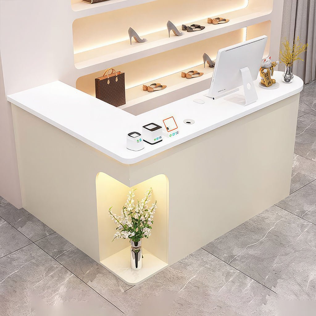 Furnavo L-Shaped Reception Desk – Chic Front Counter with Large Storage for Beauty Salons & Shops