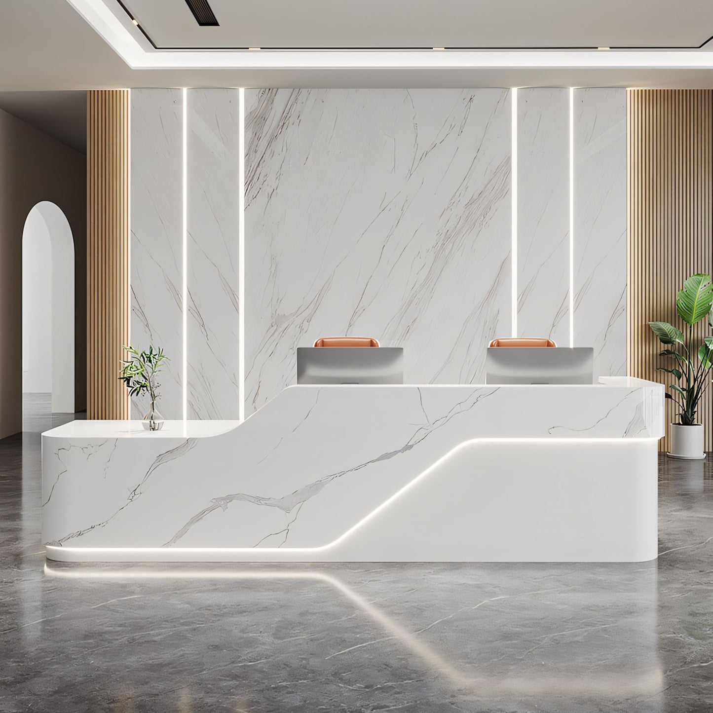 Furnavo Luxury Marble Grain Reception Desk – Elegant Front Counter for Offices & Hotels