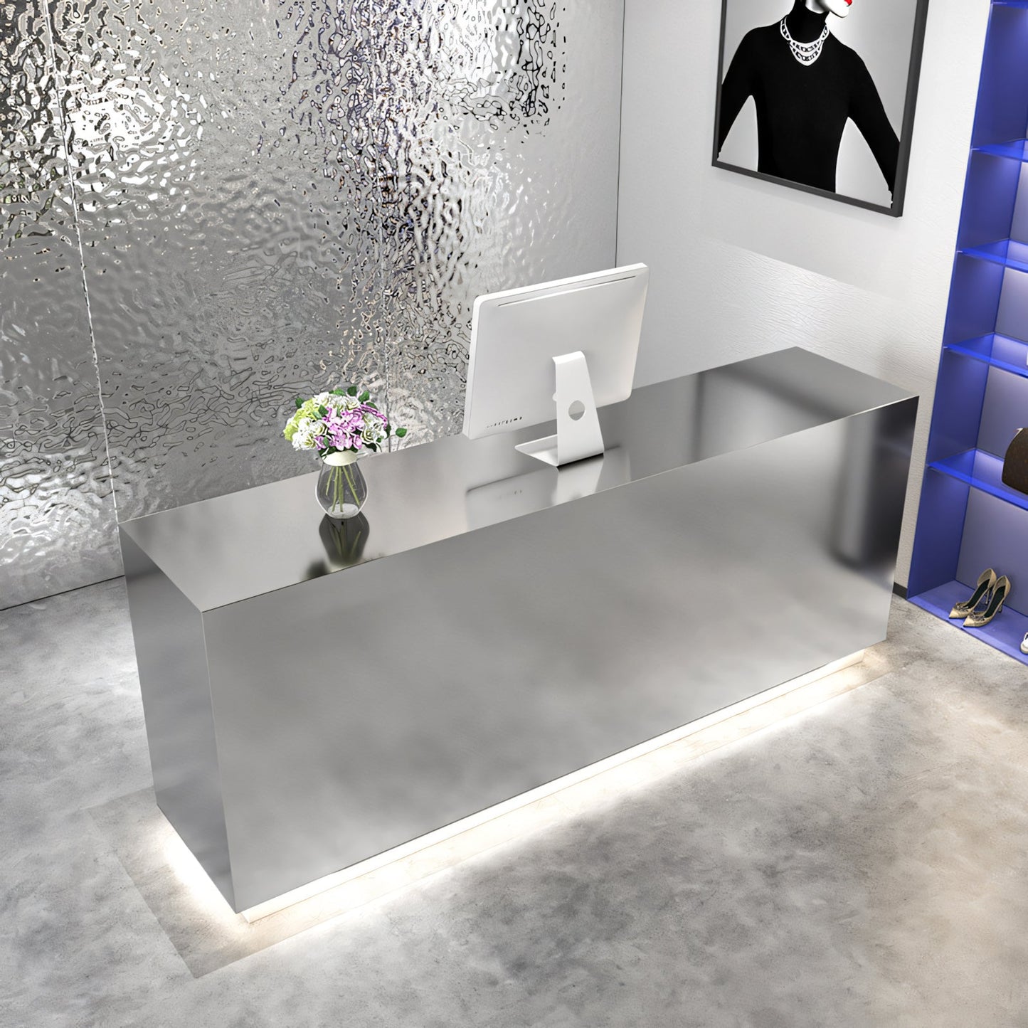 Furnavo Stainless Steel Reception Desk – Modern Checkout Counter for Salons & Retail Stores