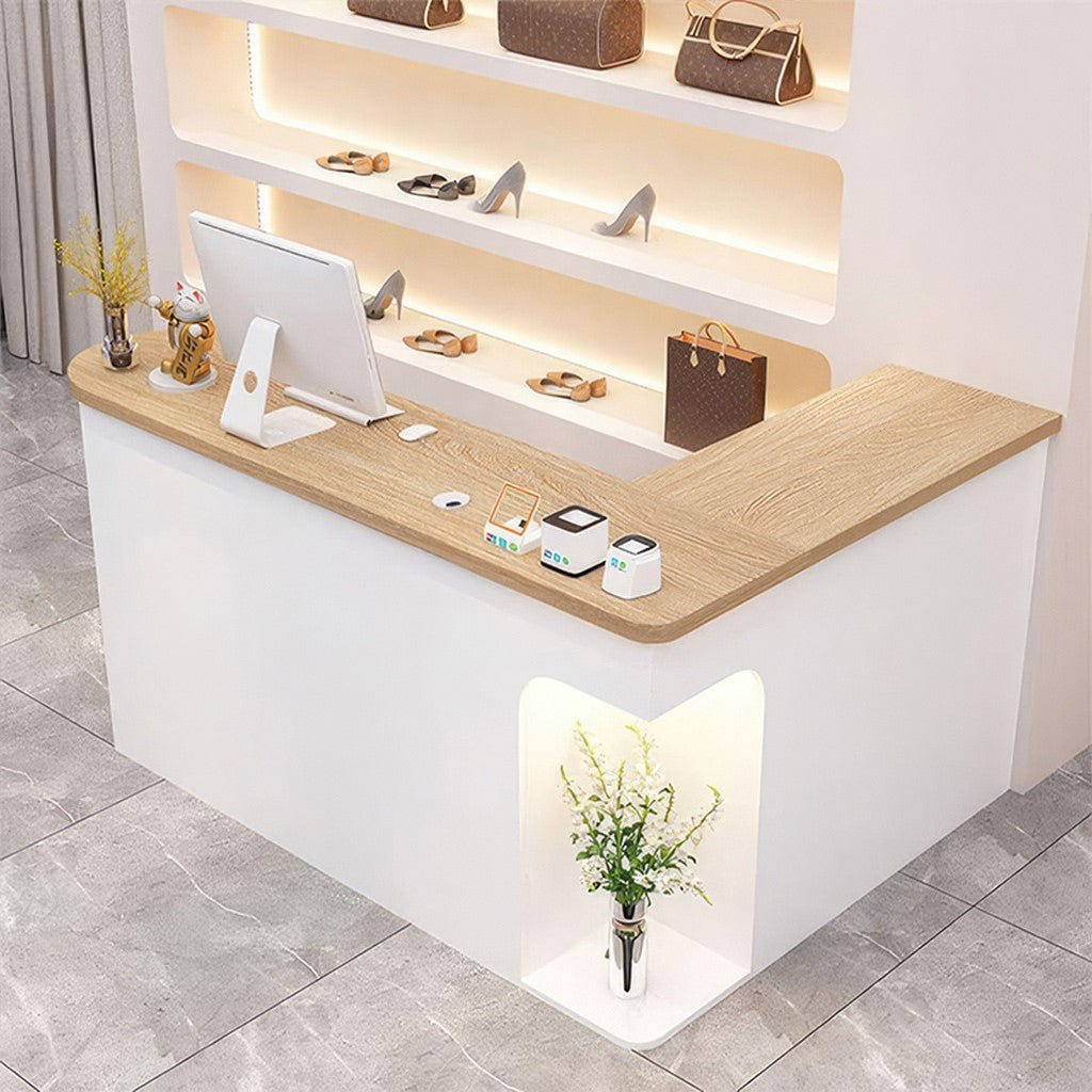 Furnavo L-Shaped Reception Desk – Chic Front Counter with Large Storage for Beauty Salons & Shops