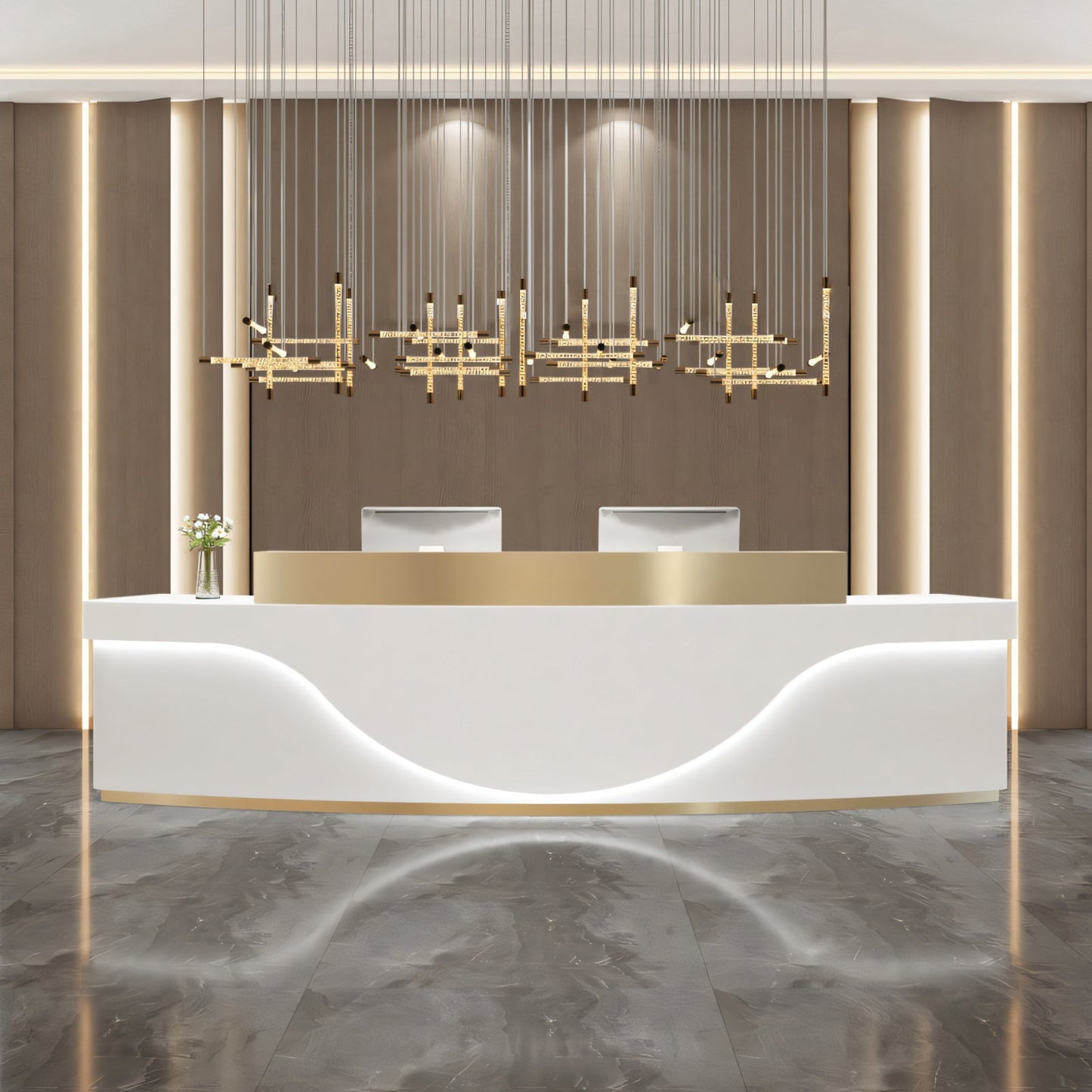 Furnavo Light Luxury Stainless Steel Reception Desk – Modern Curved Front Counter for Offices & Stores