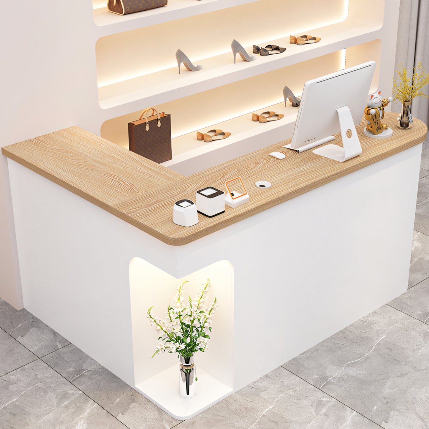 Furnavo L-Shaped Reception Desk – Chic Front Counter with Large Storage for Beauty Salons & Shops