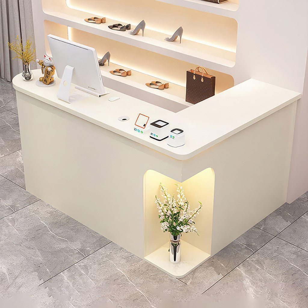 Furnavo L-Shaped Reception Desk – Chic Front Counter with Large Storage for Beauty Salons & Shops