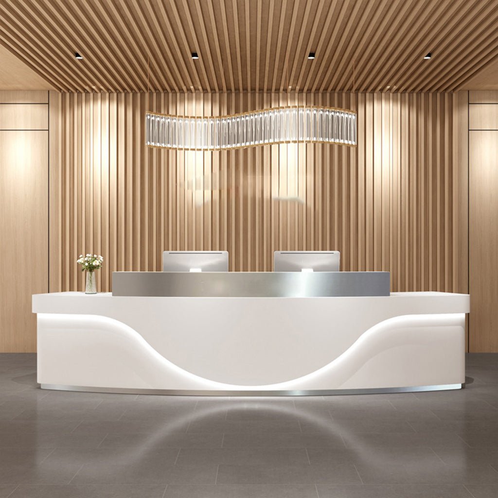 Furnavo Light Luxury Stainless Steel Reception Desk – Modern Curved Front Counter for Offices & Stores