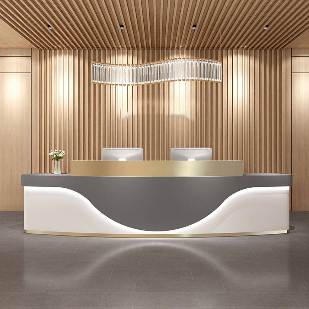 Furnavo Light Luxury Stainless Steel Reception Desk – Modern Curved Front Counter for Offices & Stores