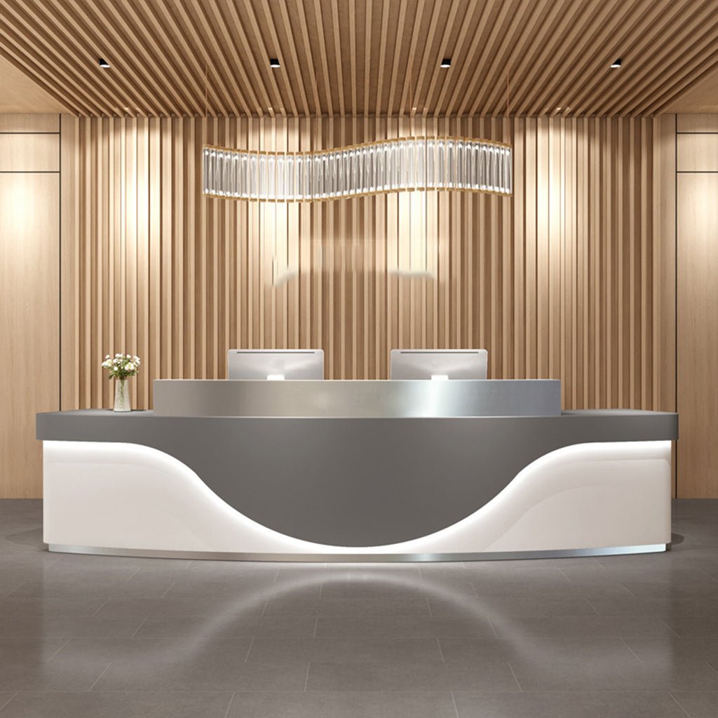 Furnavo Light Luxury Stainless Steel Reception Desk – Modern Curved Front Counter for Offices & Stores