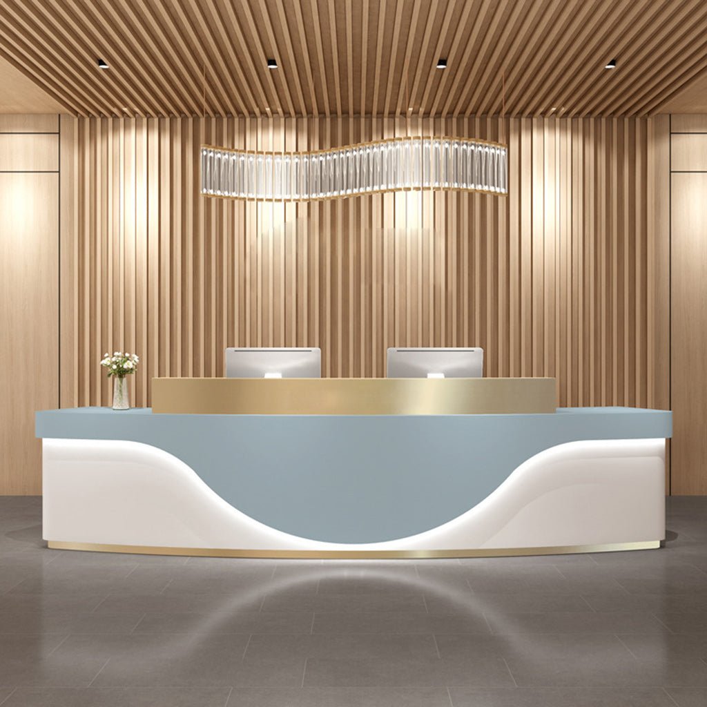 Furnavo Light Luxury Stainless Steel Reception Desk – Modern Curved Front Counter for Offices & Stores