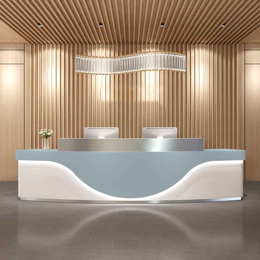 Furnavo Light Luxury Stainless Steel Reception Desk – Modern Curved Front Counter for Offices & Stores