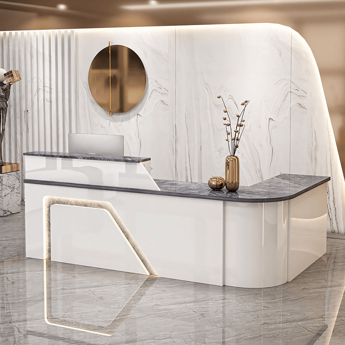 Furnavo Modern Arc Reception Desk – Curved Front Counter for Offices, Stores & Supermarkets